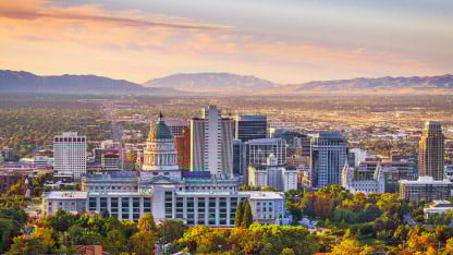 Salt Lake City, Utah, USA downtown city skyline at dawn.