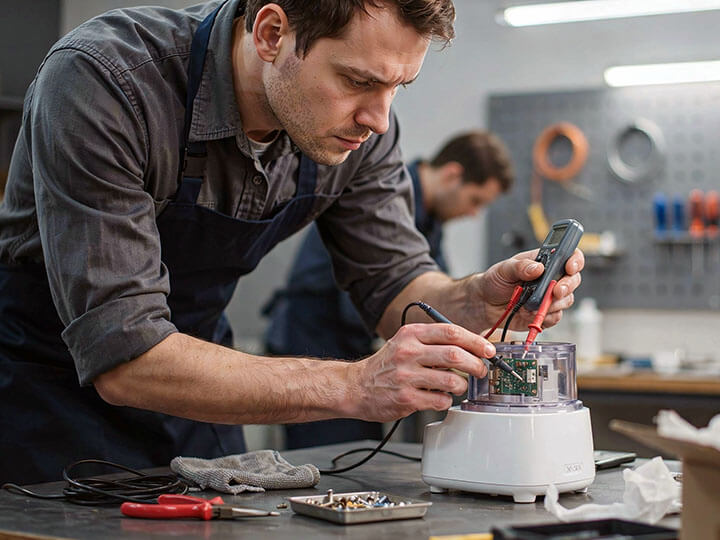 Electrical technician testing electrical components of a small appliance with digital multimeter