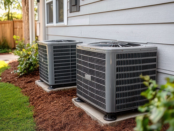 Two residential air conditioning units on concrete pads in a bed of mulch next to a house
