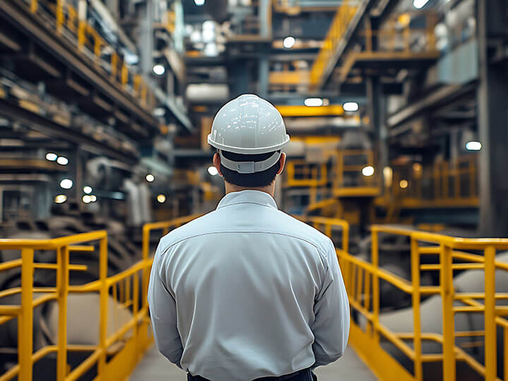 Risk Assessment consultant in button up shirt and white hardhat looking at an industrial facility with yellow railings 