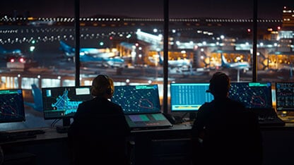 Diverse Air Traffic Control Team Working in a Modern Airport Tower at Night. Office Room is Full of Desktop Computer Displays with Navigation Screens, Airplane Flight Radar Data for Controllers