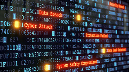An abstract design of a terminal display, warning about a cyber attack. Multiple rows of hexadecimal code are interrupted by red glowing warnings and single character exclamation marks. The image can represent a variety of threats in the digital world: data theft, data leak, security breach, intrusion, anti-virus failure, etc..