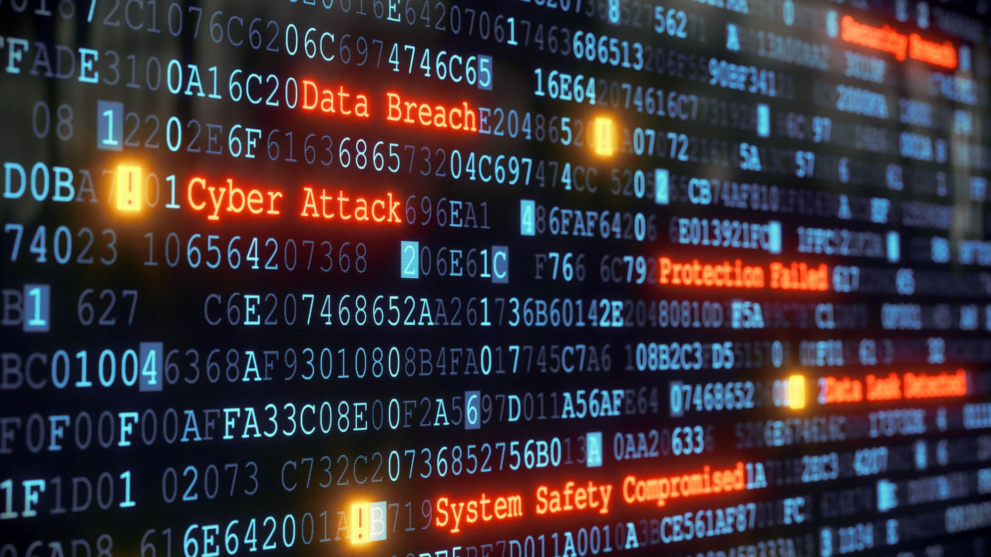 An abstract design of a terminal display, warning about a cyber attack. Multiple rows of hexadecimal code are interrupted by red glowing warnings and single character exclamation marks. The image can represent a variety of threats in the digital world: data theft, data leak, security breach, intrusion, anti-virus failure, etc..