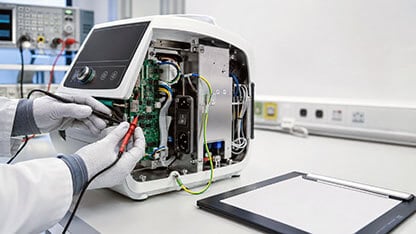Gloved technician applies test probes to an exposed medical device circuit board during an electrical safety evaluation. 
