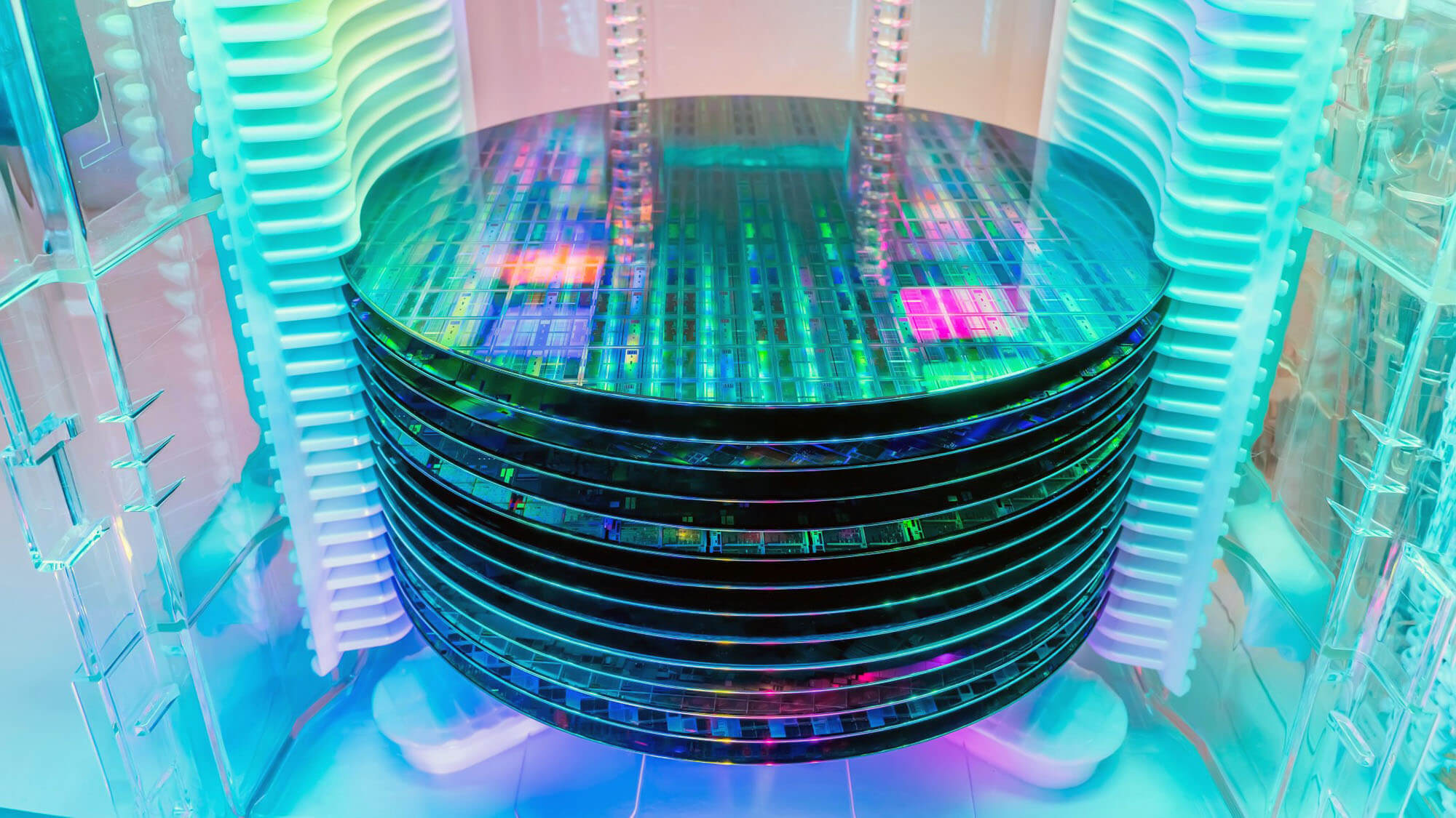 patterned silicon wafers in a universal pod. Electronic circuit designs have been built onto the wafers using micromaching including photolithography 
