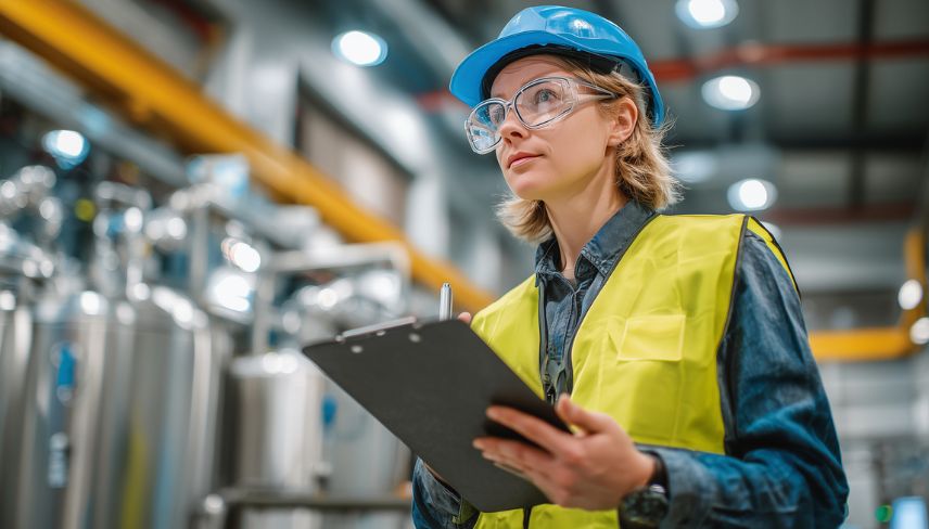 Quality assurance engineer conducting a manufacturing compliance inspection.