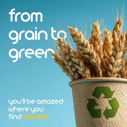 A bucket with a recycling logo on it filled with fresh grains of wheat
