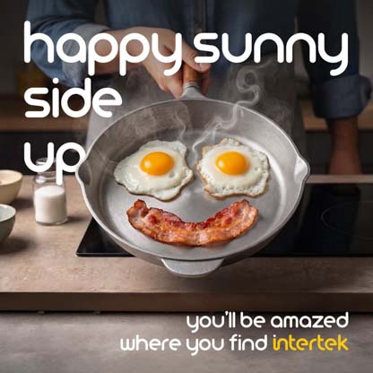 Two eggs and a slice of bacon on a frying pan positioned to look like a smiling face