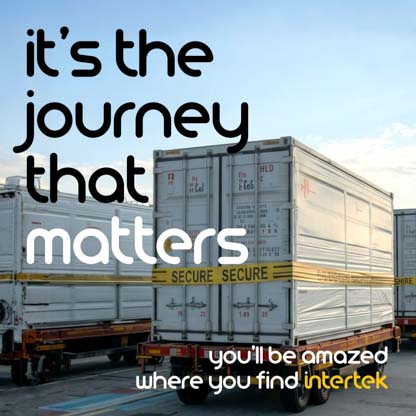 A cargo container on a truck wrapped with a label that says secure