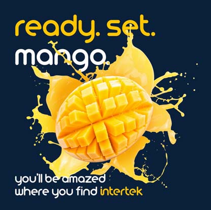 A mango sliced open with splashing mango juice behind it